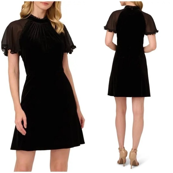 New Adrianna Papell Ruffle Chiffon Sleeve Velvet Sheath Dress Black Sz 10 - Picture 1 of 16